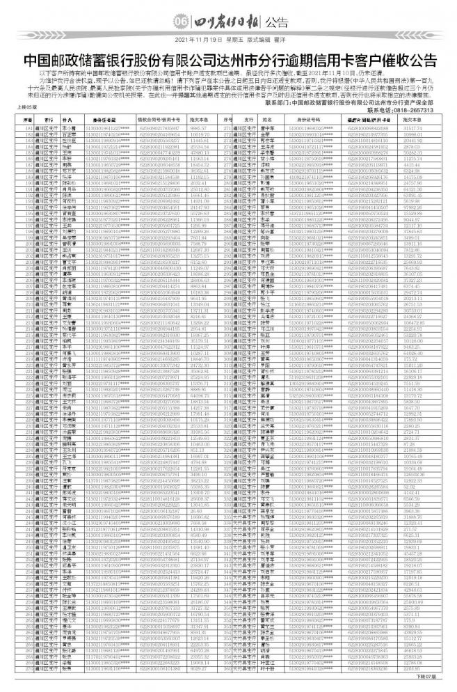 第06版:公告中国邮政储蓄银行股份有限公司达州市分行逾期信用卡客户催收